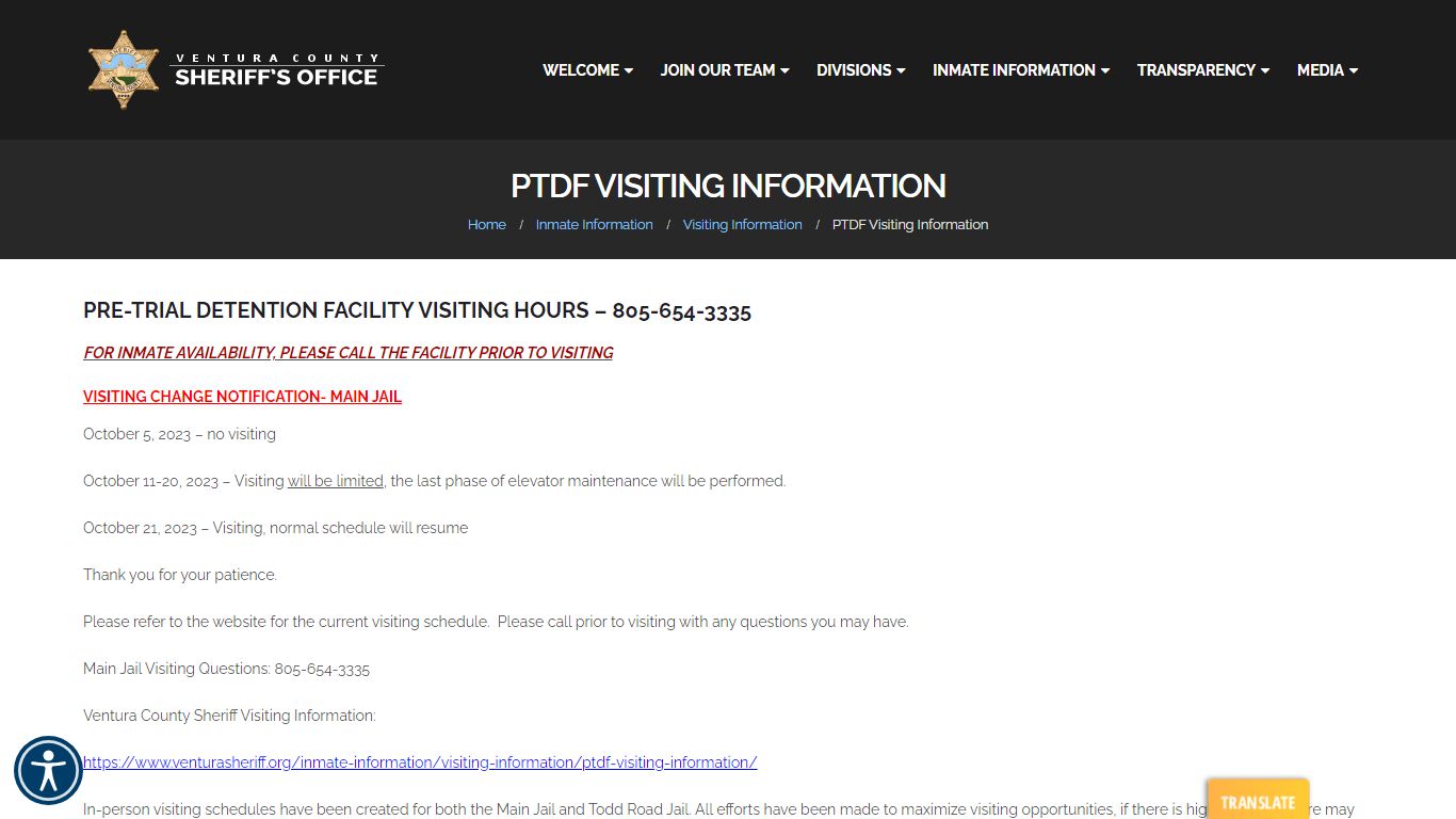 PTDF Visiting Information - Ventura County Sheriff's Office